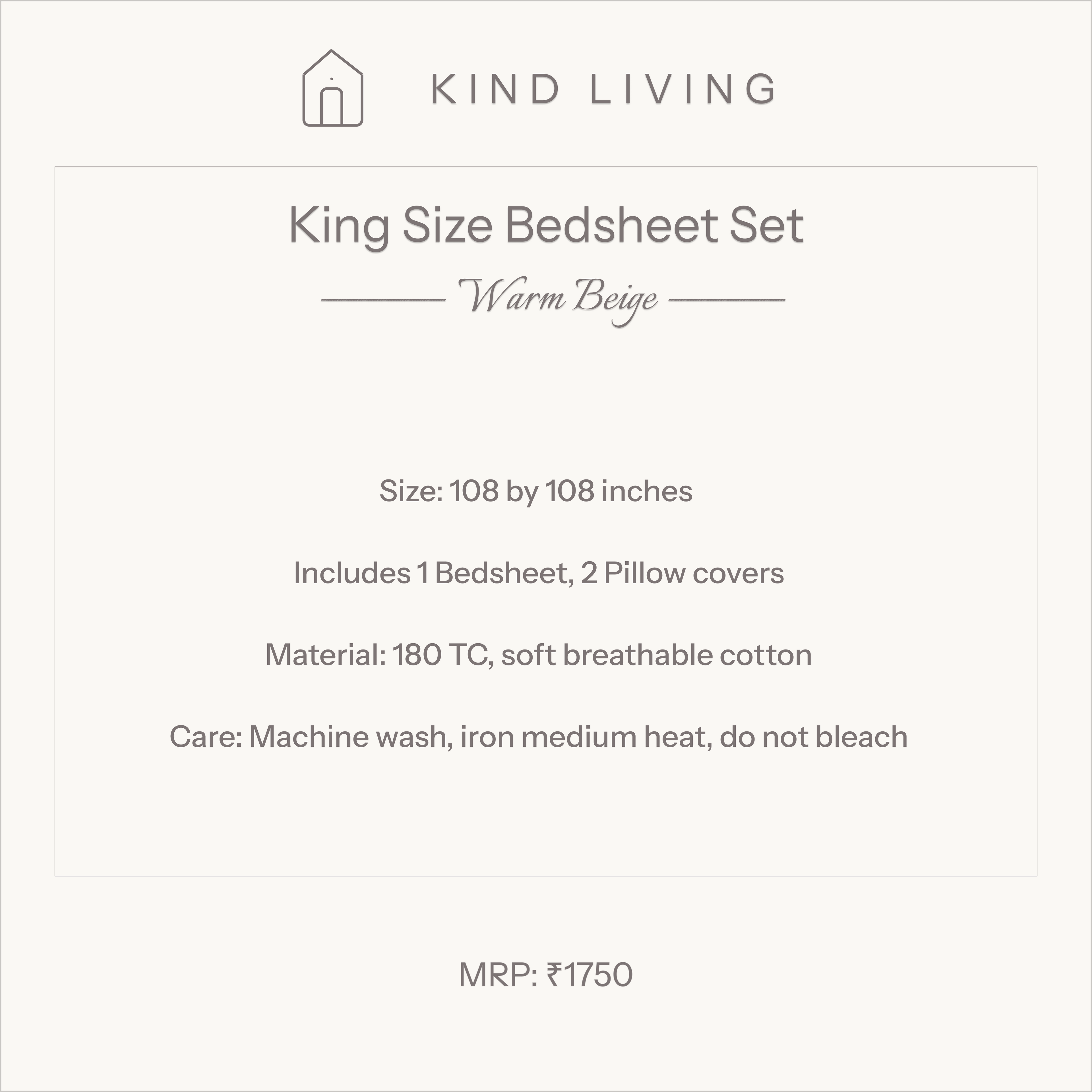 King Size Cotton Bedsheet with 2 Pillow Cases - Warm Beige