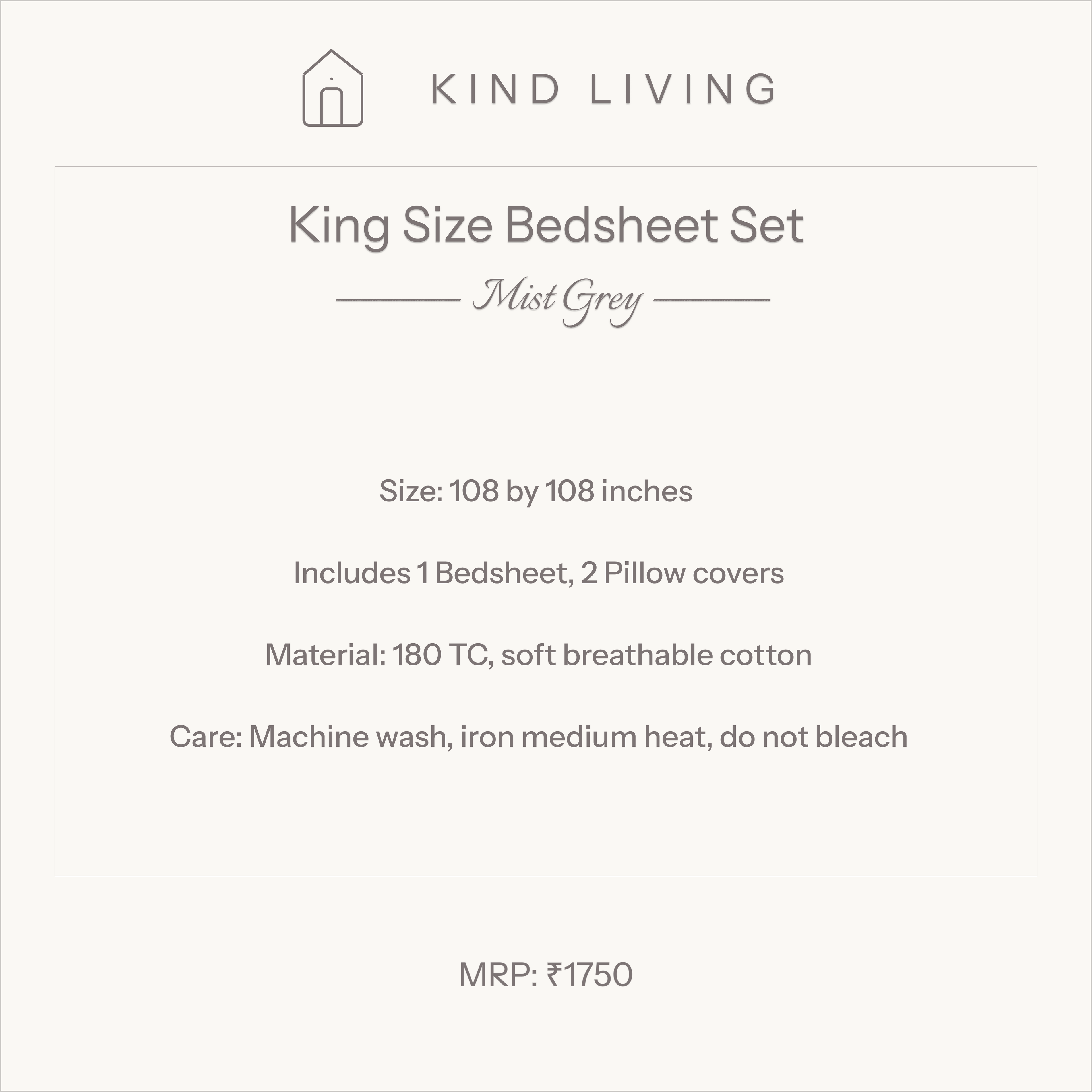King Size Cotton Bedsheet with 2 Pillow Cases - Mist Grey