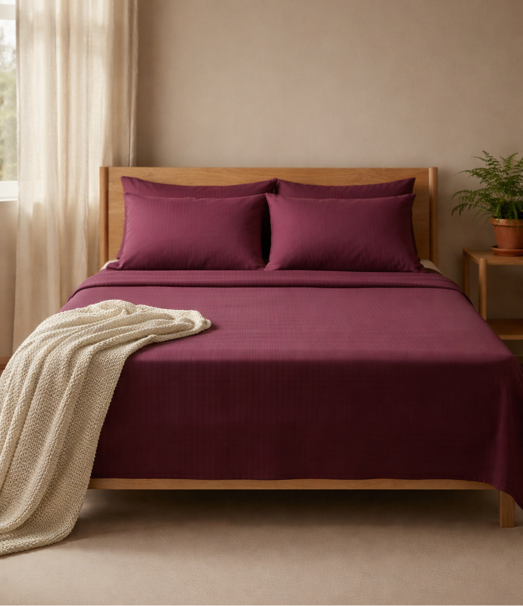 King Size Cotton Bedsheet with 2 Pillow Cases - Classic Maroon